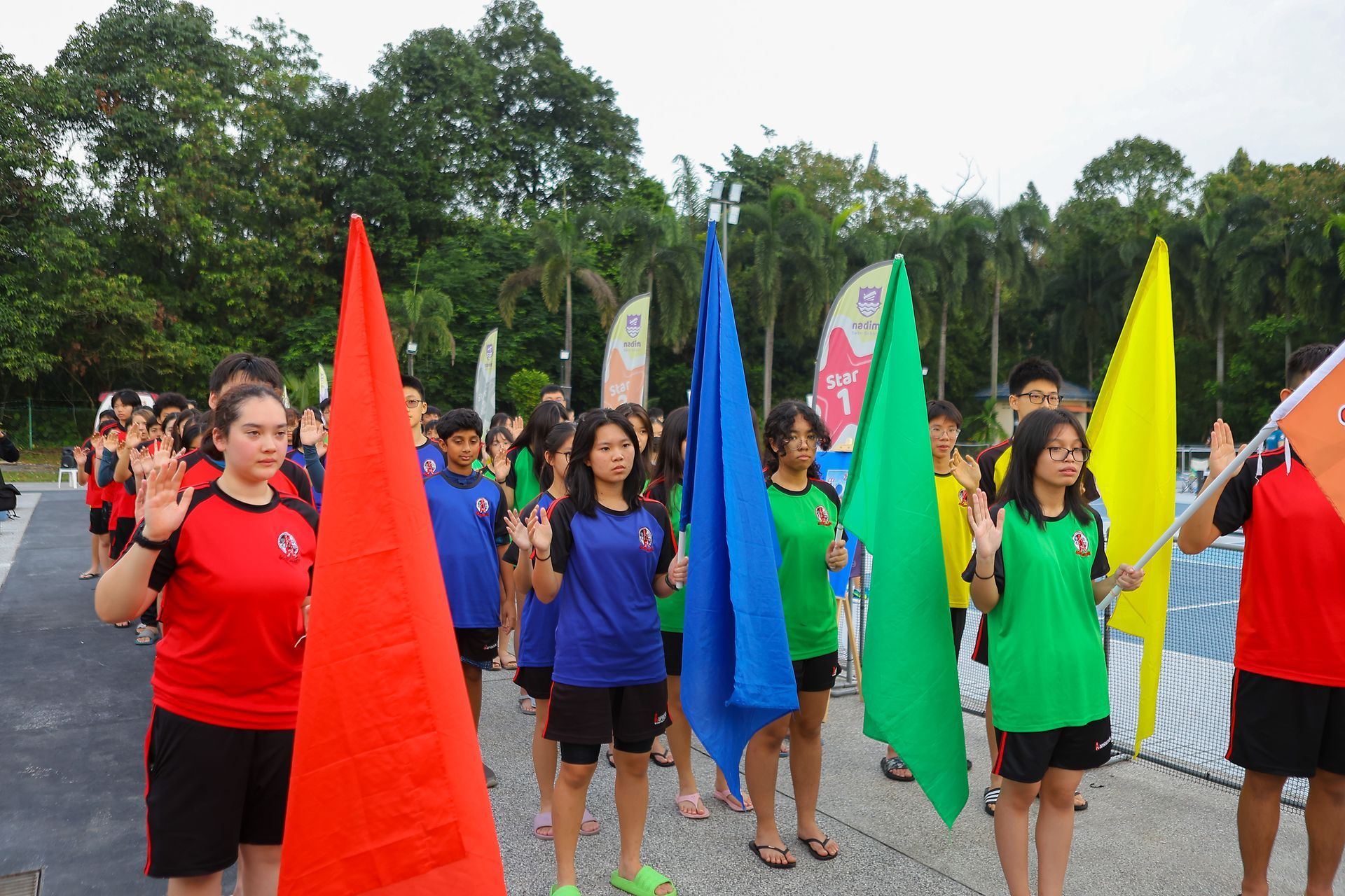 People holding flags of various colors with arms raised, likely taking an oath in an outdoor setting.