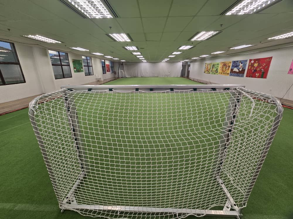 A soccer goal on a green indoor field, with overhead lights and wall art.