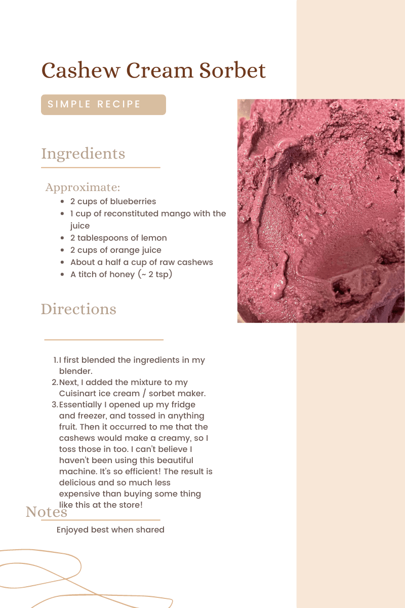 A recipe for cashew cream sorbet with ingredients and instructions.