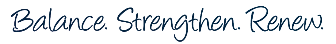 The words balance strengthen renew are written in blue on a white background.