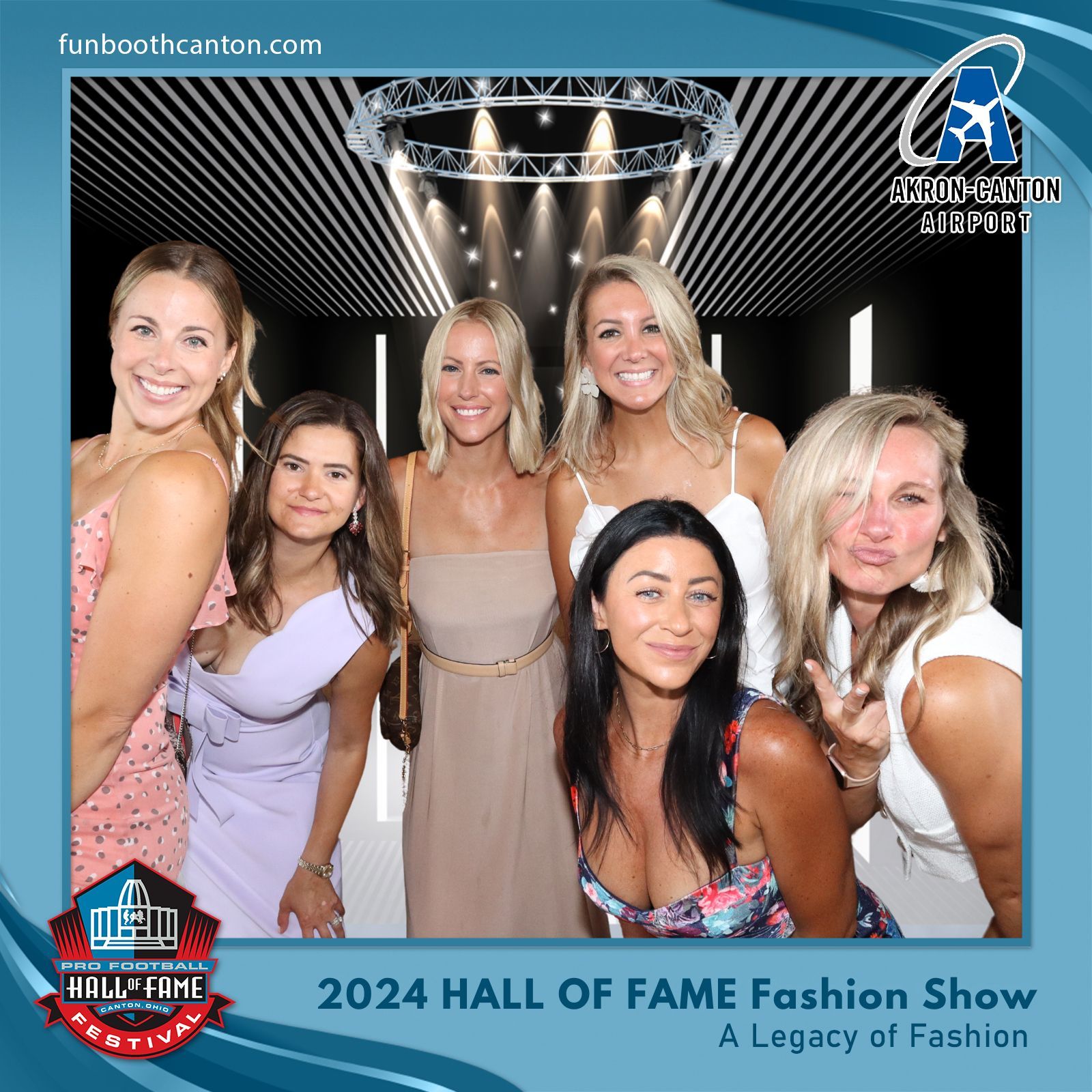 Six smiling women at the 2024 Hall of Fame Fashion Show, in front of a backdrop, framed with text and logos.