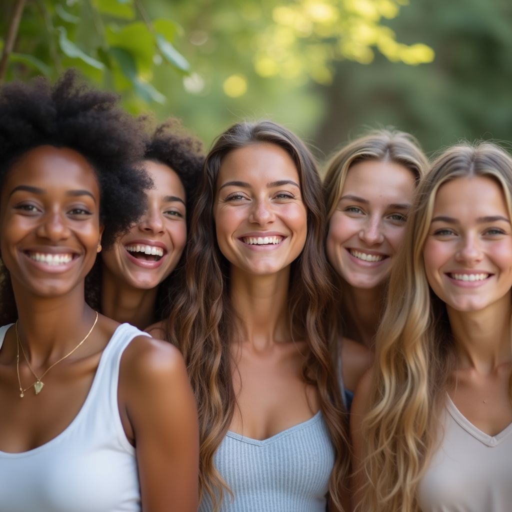Five smiling people standing outdoors, diverse skin tones, natural light, some with long hair.