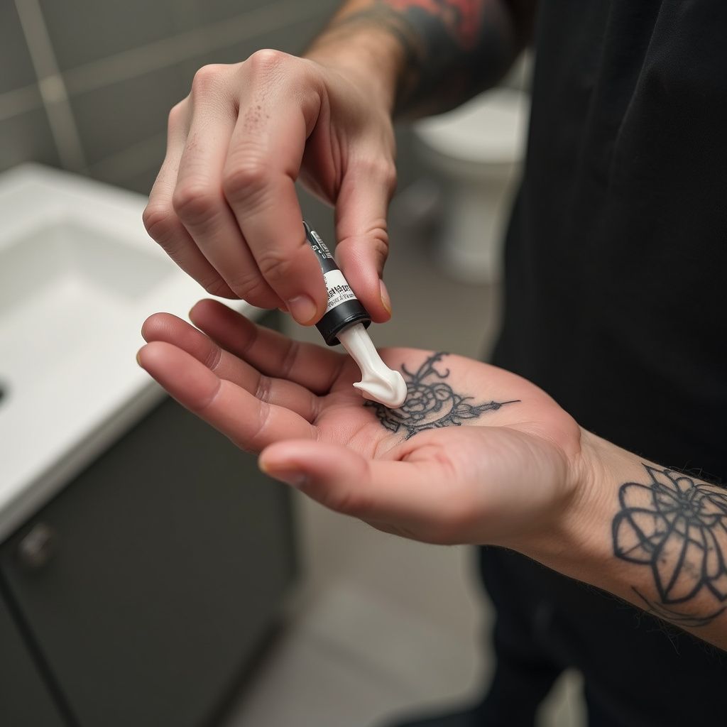 Person applying cream to a hand tattoo, likely moisturizing. Bathroom setting.