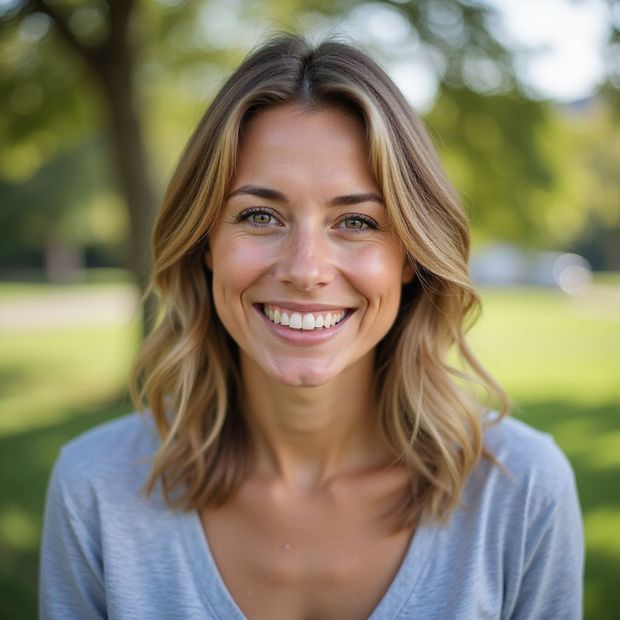 Woman with blonde hair smiles in a park. She wears a grey shirt, with a blurred green background.