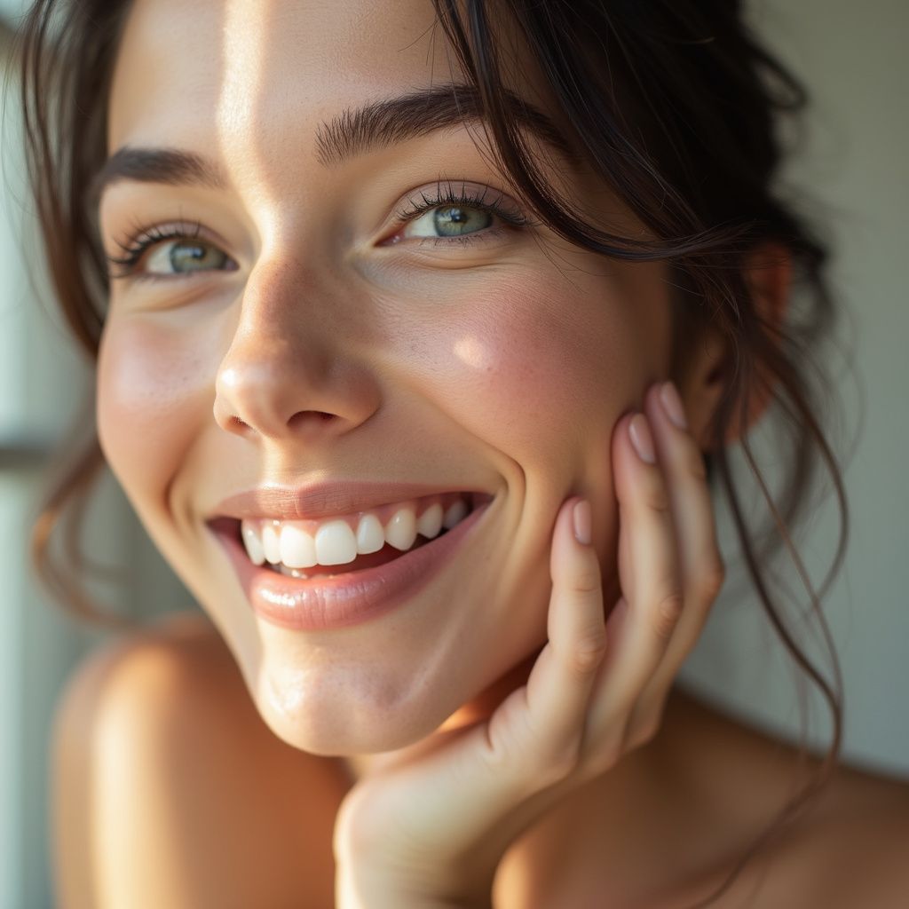 Woman with fair skin and light eyes smiles, resting chin on hand; soft sunlight.