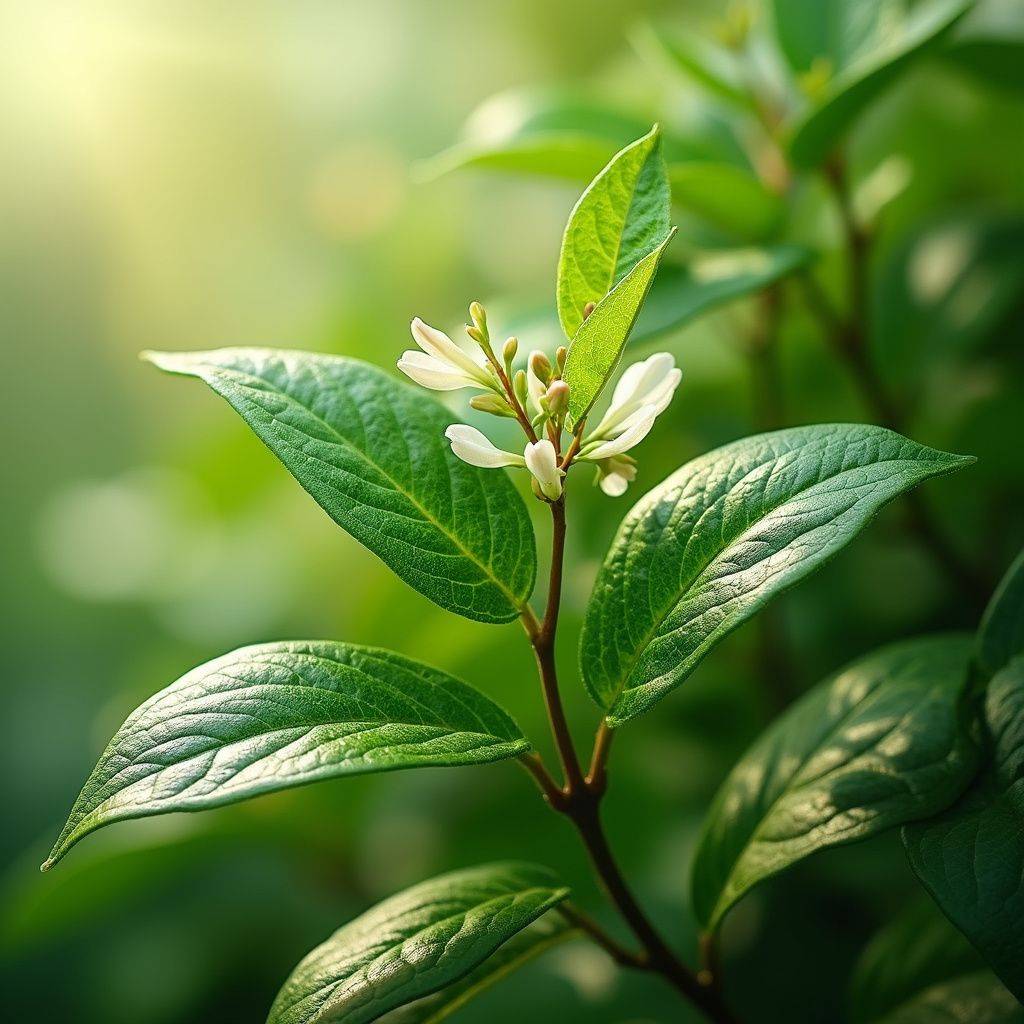 Close-up of green plant stem with leaves and small white flowers.