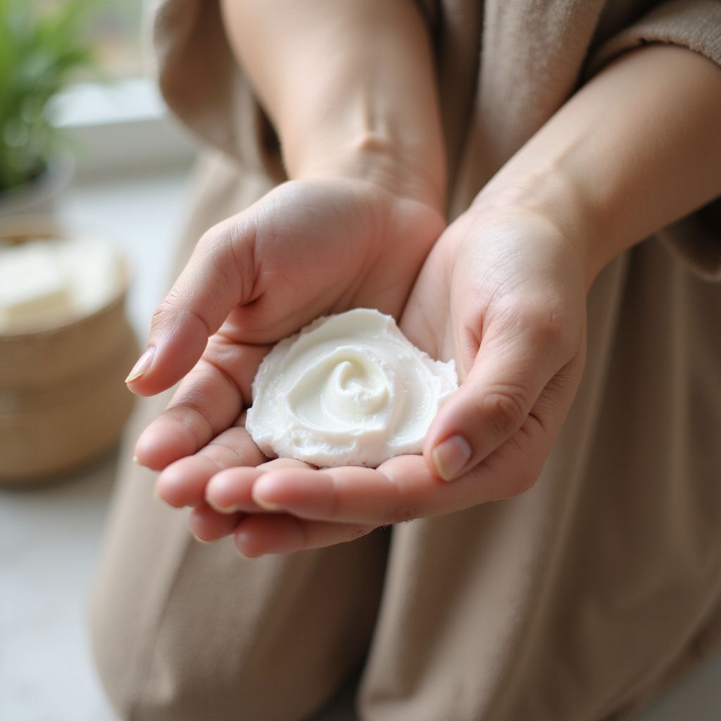 Hands holding a swirl of white cream, knees bent. Brown outfit, bright background, blurry pot.