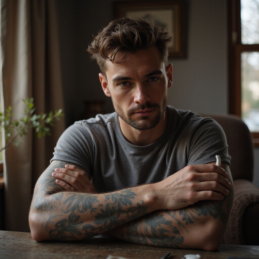 Man with crossed arms, tattoos, holding a cigarette. Sitting at a table indoors.