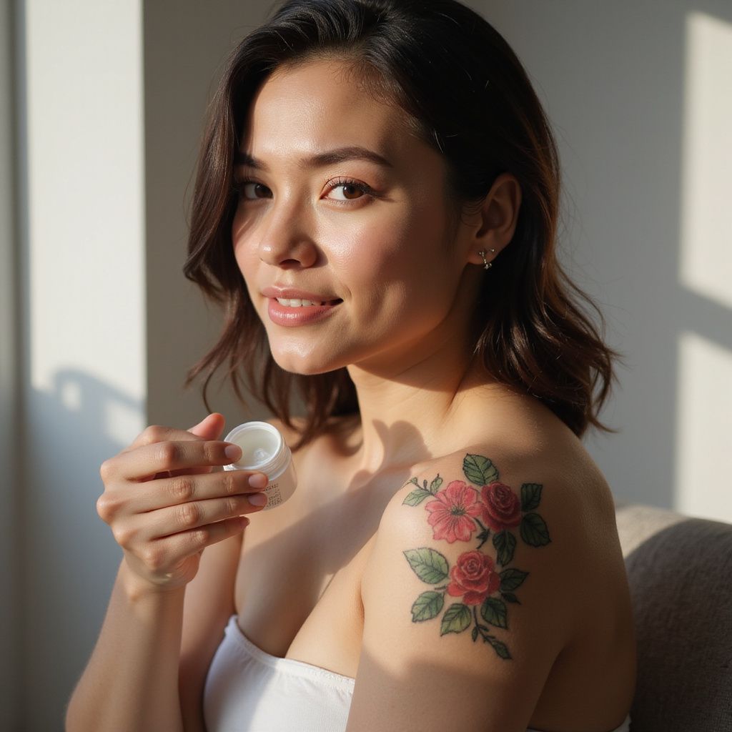 Woman holding jar of cream, smiling, shoulder tattoo of red roses.