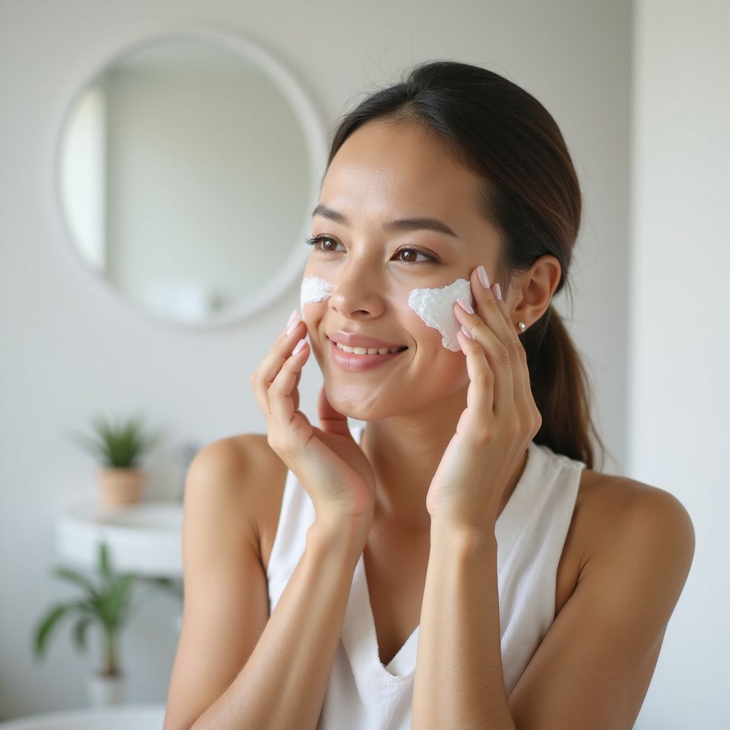 Woman applying cream to her face in a bathroom, smiling. Cream visible on her cheeks.