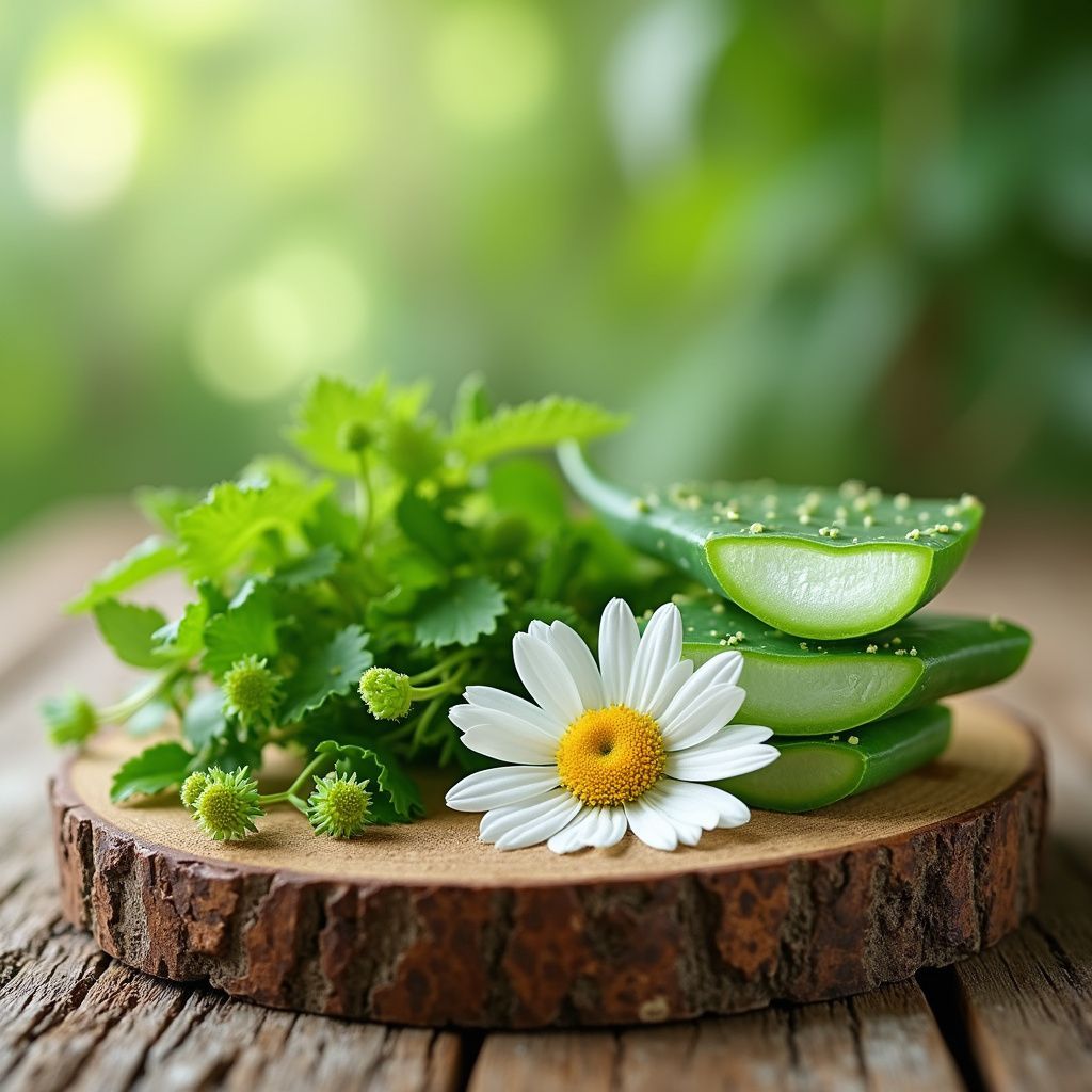 Aloe vera slices, daisy, and herbs arranged on a wooden slice against a green blurred background.