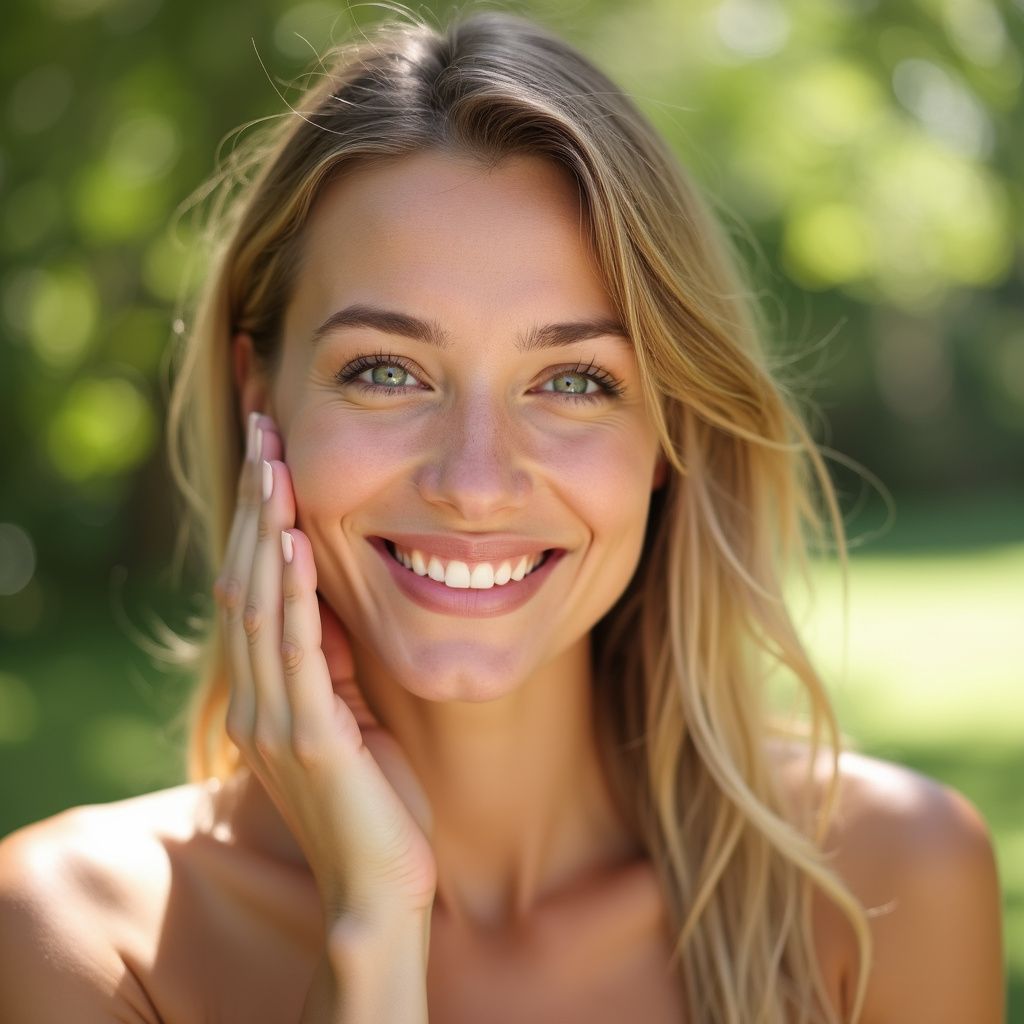 Woman with blonde hair smiles, touches her cheek, and looks at the viewer; outdoors with trees in the background.