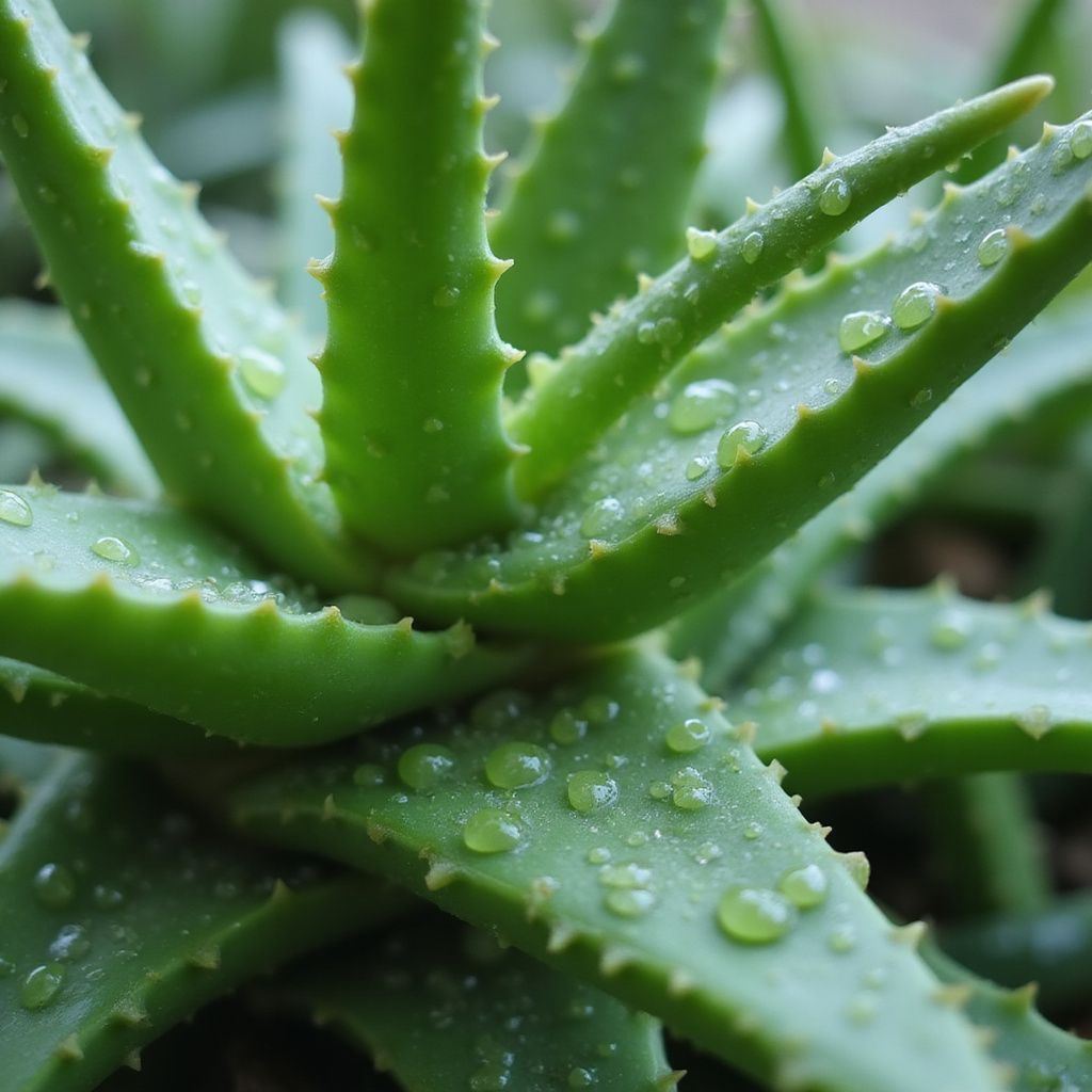 Aloe vera plant with water droplets on its leaves.