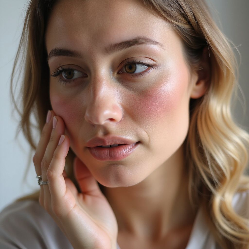 Woman with blush, touching cheek, looking to the side, wearing minimal makeup.