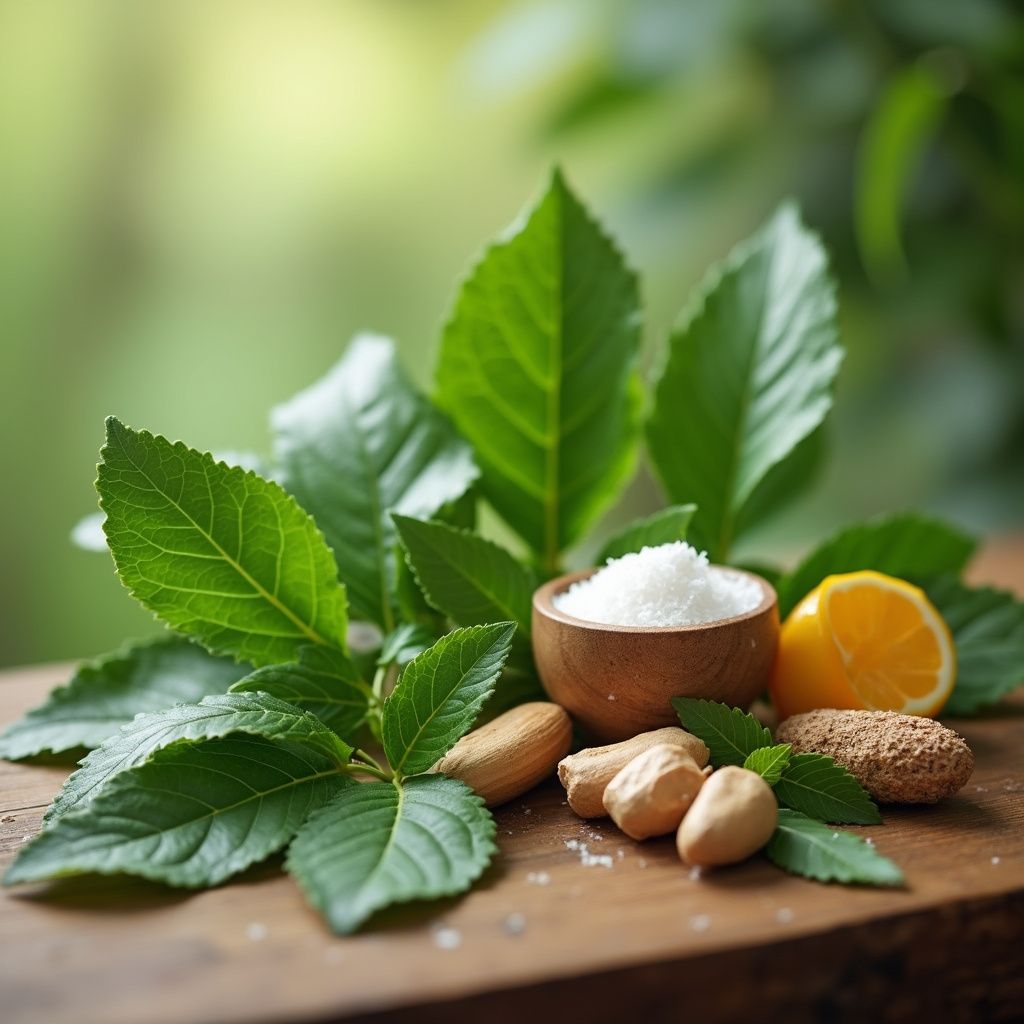 Green leaves, bowl of salt, almonds, and lemon on wooden surface. Blurred green background.
