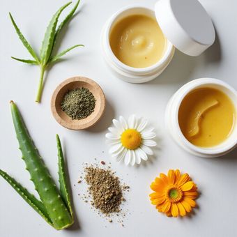 Aloe vera, skincare cream, chamomile, and calendula flowers on a white surface.