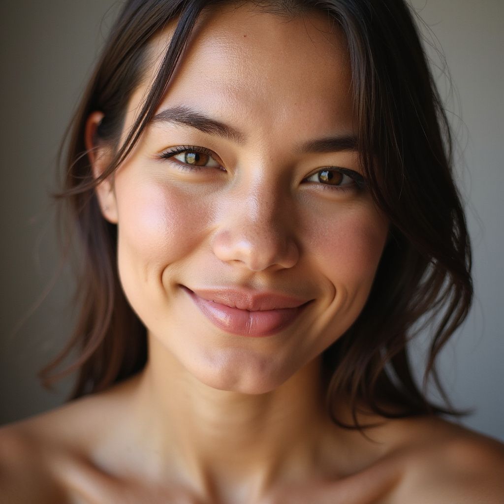 Woman with brown hair and eyes smiles; rosy cheeks, natural lip color, neutral background.