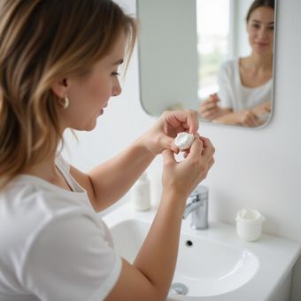 Woman in white top applying skincare in bathroom, mirror reflects her smiling.