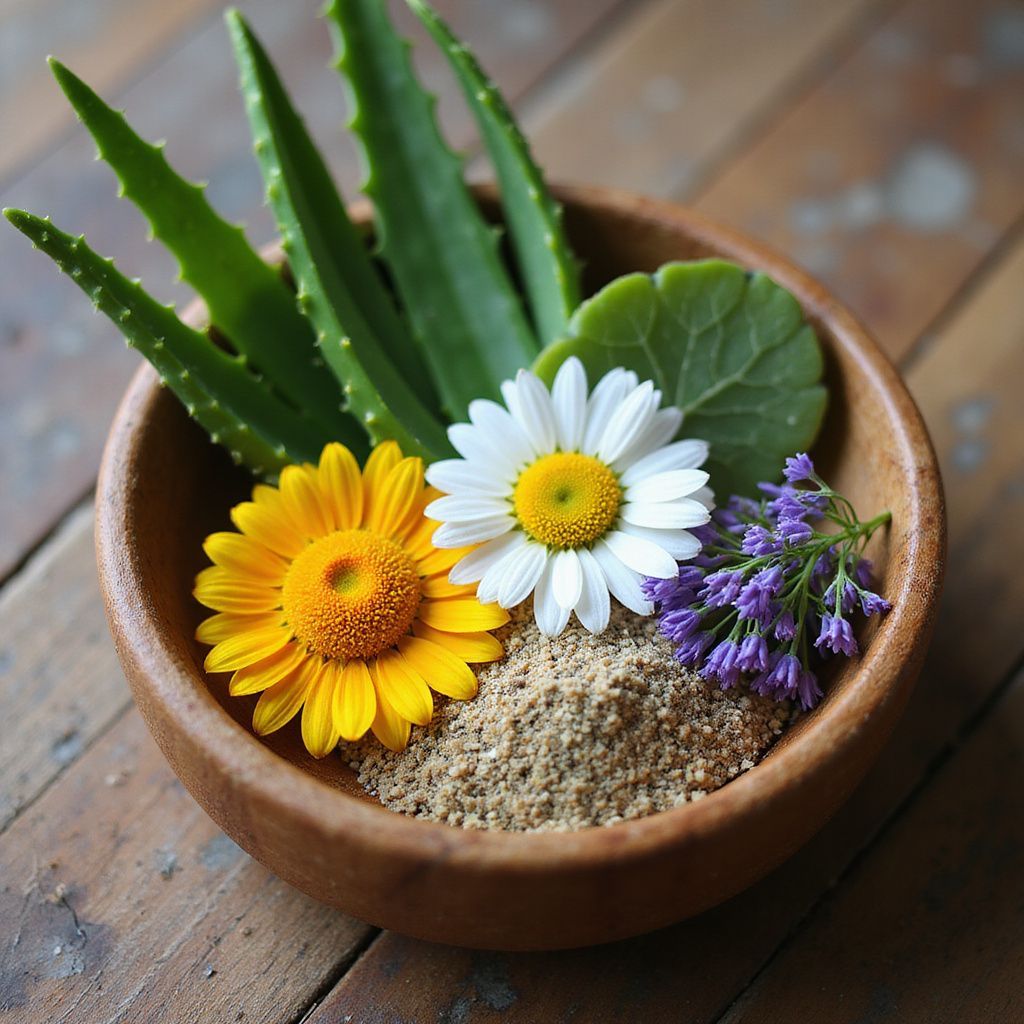 Wooden bowl with yellow and white flowers, aloe vera, and grains.