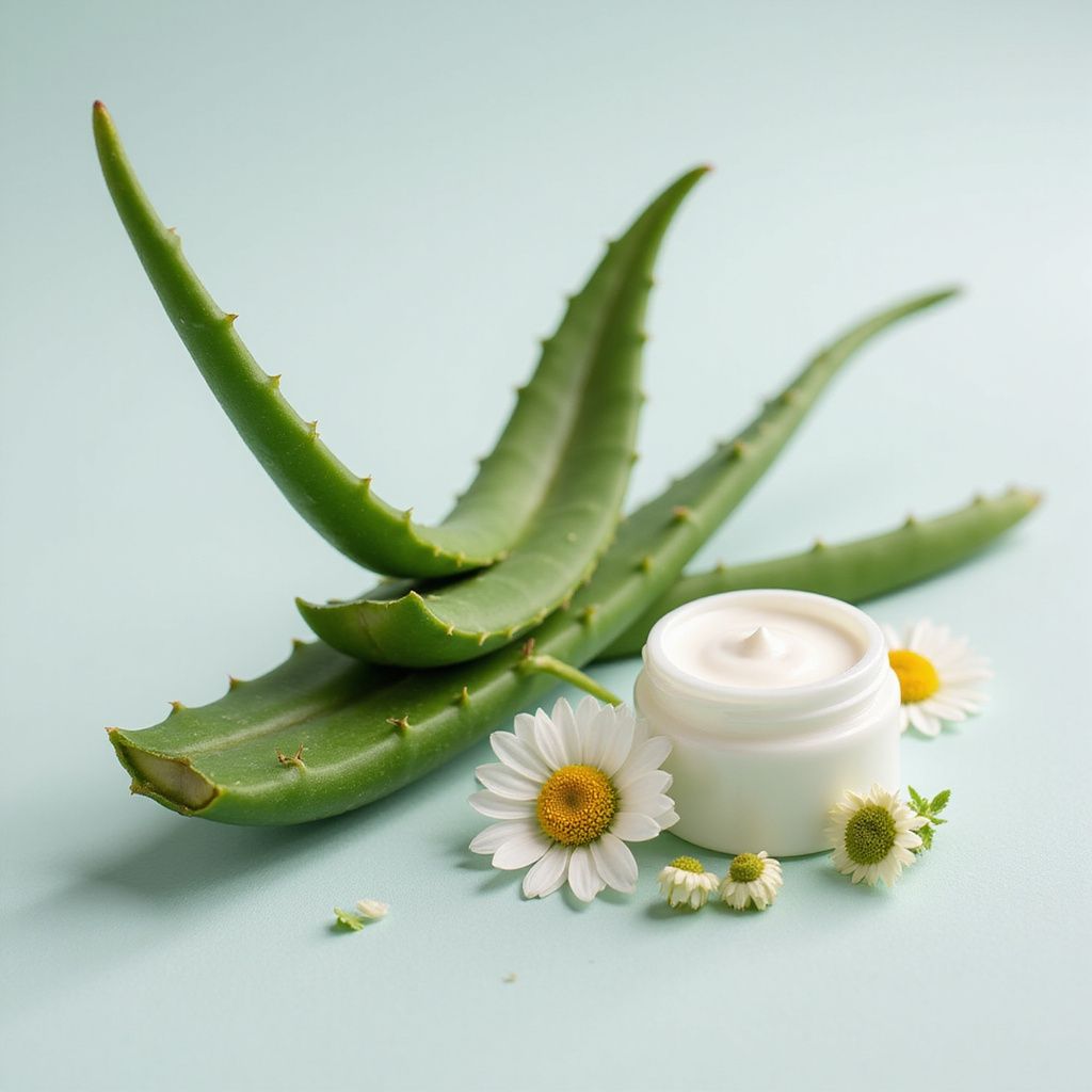 Aloe vera leaves and cream jar with chamomile flowers on a blue background.