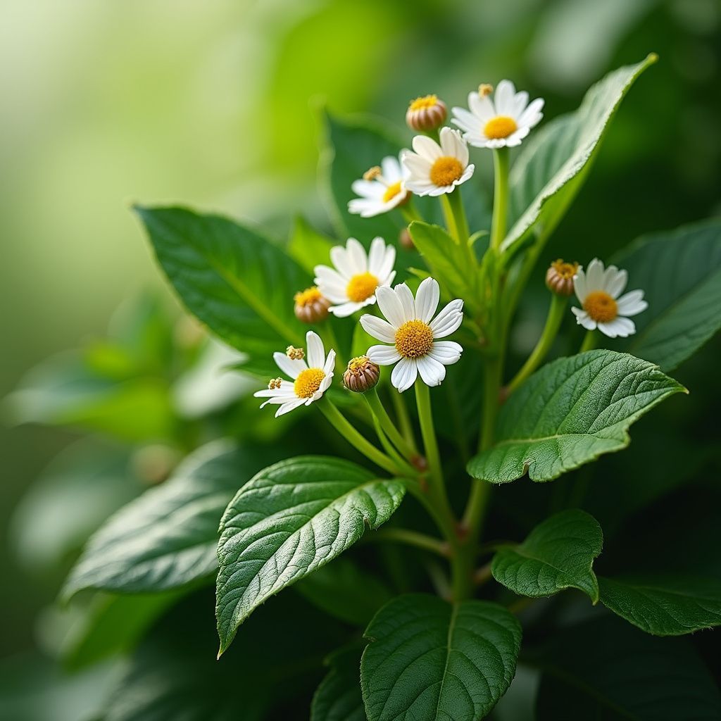 White daisy-like flowers with yellow centers, green leaves and stem against a blurred green background.