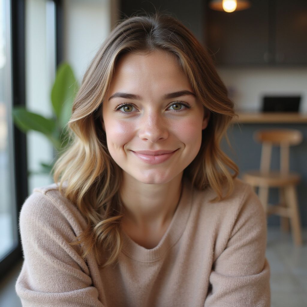 Woman with wavy blonde hair smiles at the camera, wearing a beige sweater. Soft, natural lighting.