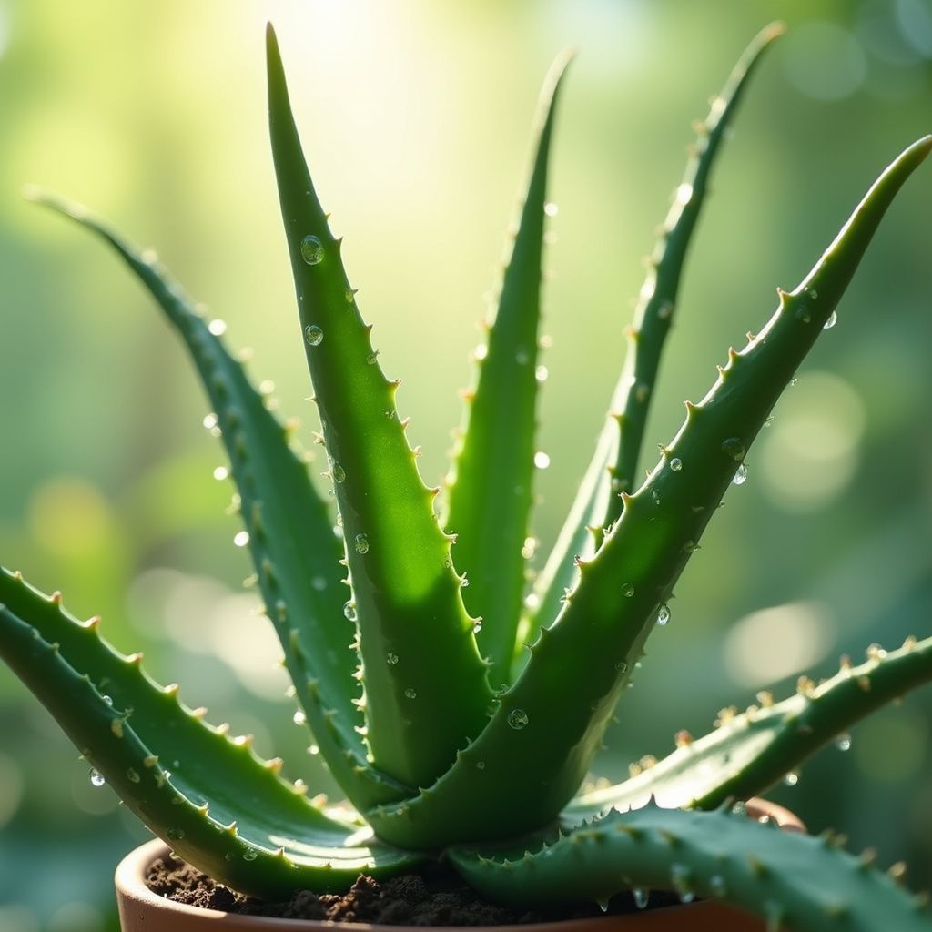 Aloe vera plant in a brown pot, with green spiky leaves and water droplets.