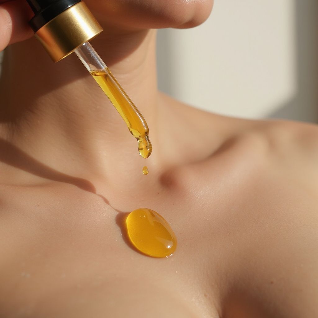 Dropper dispensing amber oil onto bare chest.