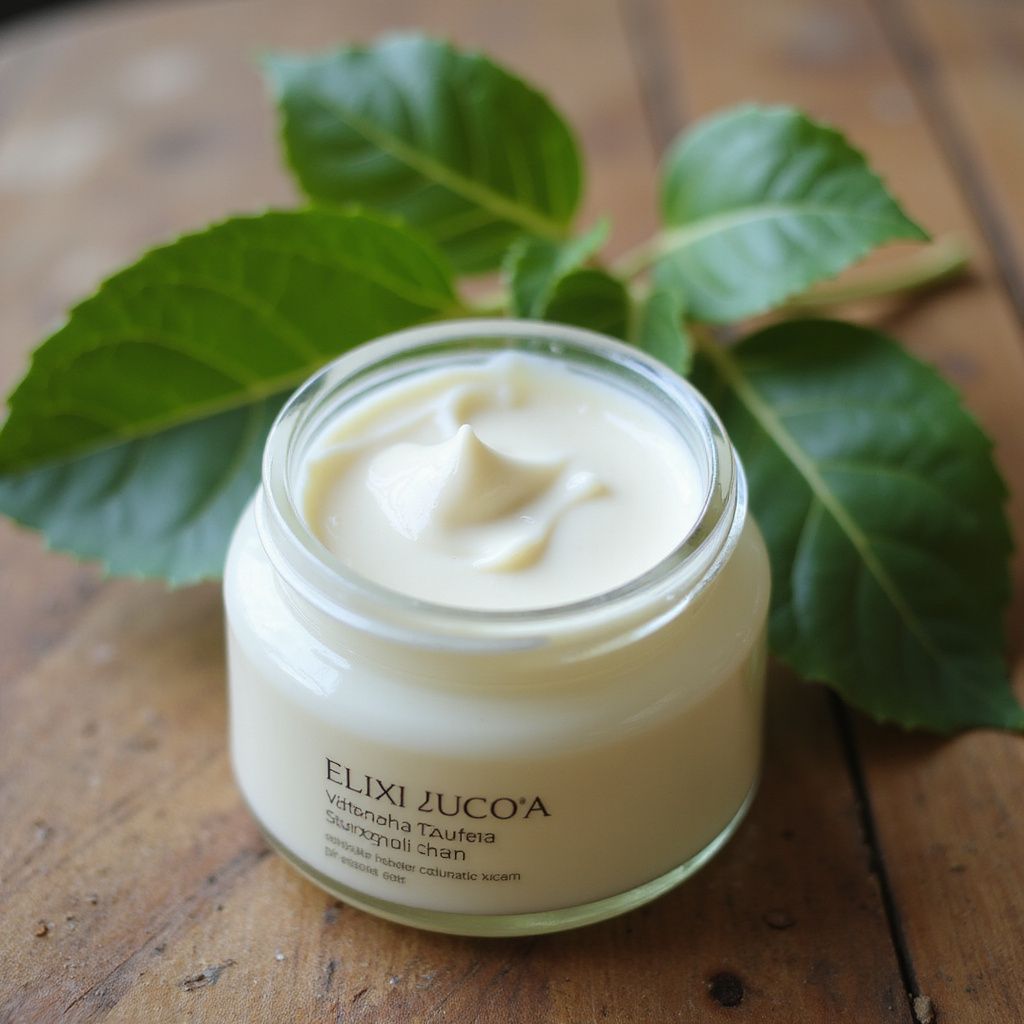 Jar of cream with green leaves in the background. Product label visible: "Elixi Zuco'a".