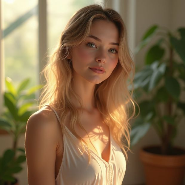 Blonde-haired woman in a white top, looking toward the camera. Soft lighting with plants and a window in the background.