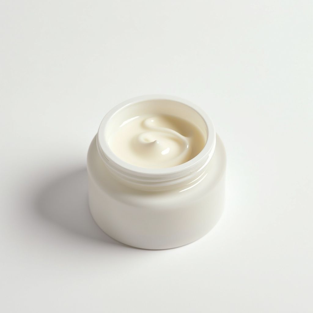 Open jar of white cream, isolated on a white background.