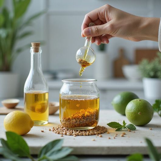 Hand pouring oil from a small jar into a larger jar of ingredients on a kitchen counter with lemons and limes.