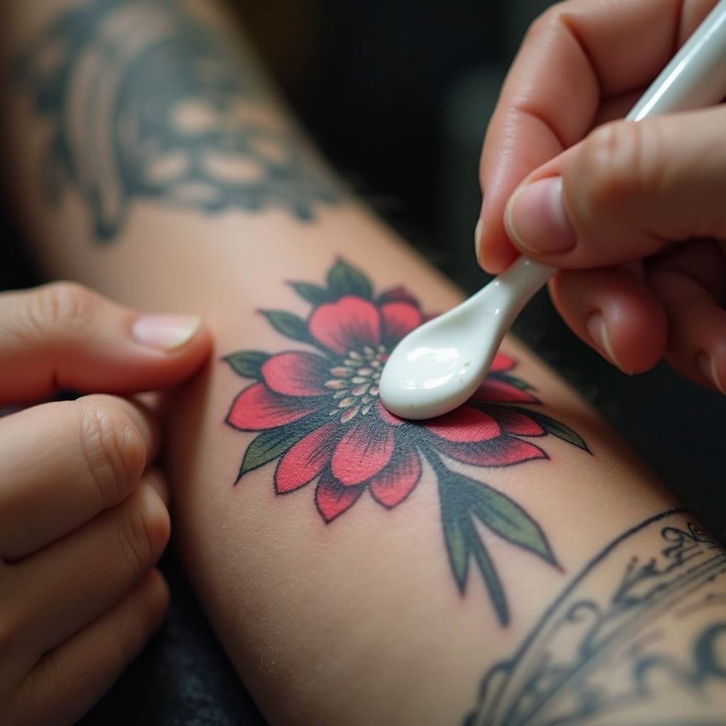 Person applying ointment to a new flower tattoo on their forearm with a small, white applicator.