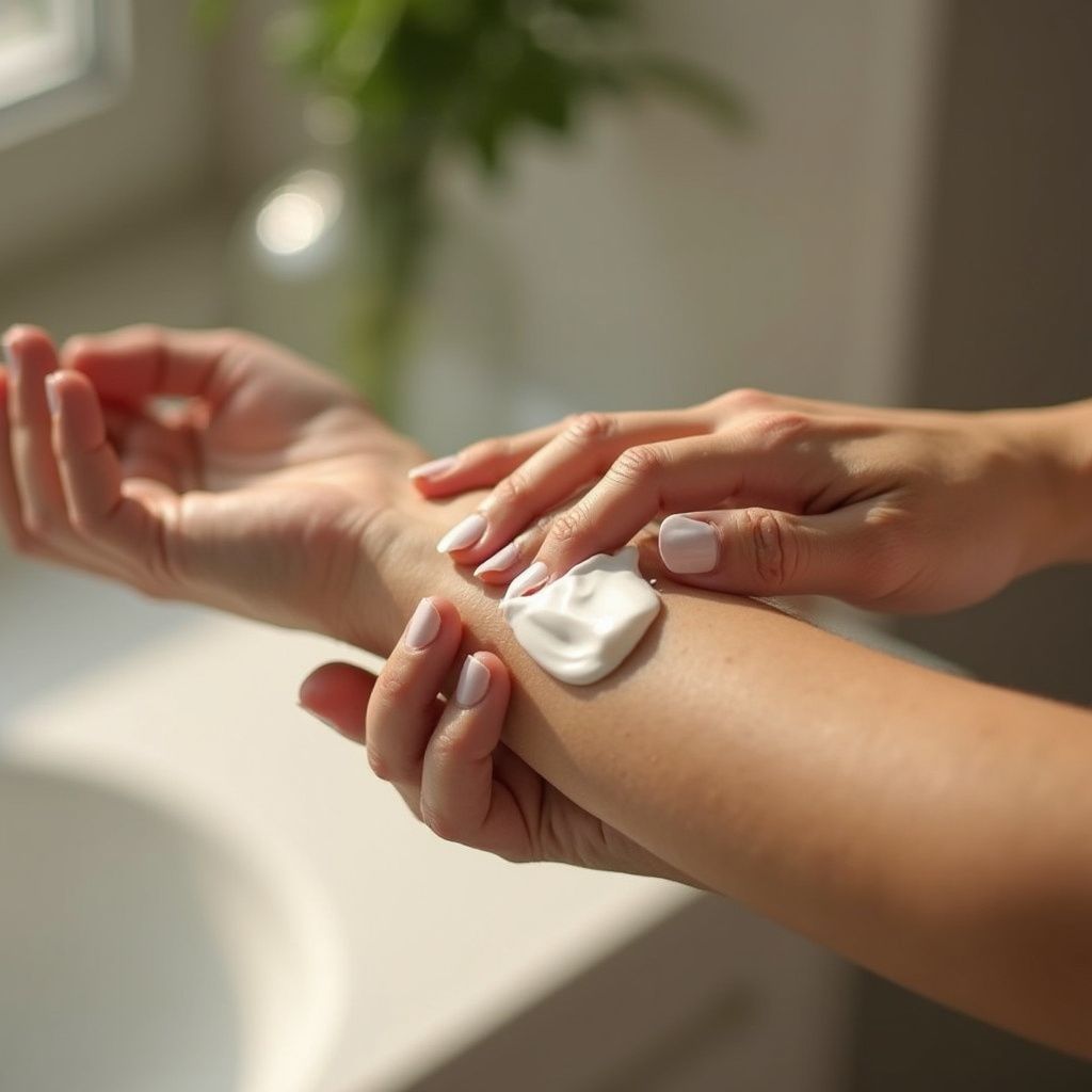 Person applying cream to their arm in a bathroom, near a window and greenery.