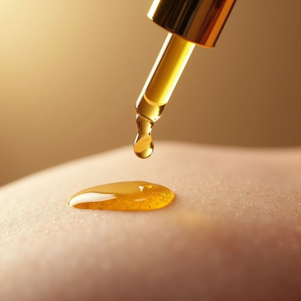Dropper dispensing golden oil onto skin, forming a small puddle. Close-up shot with blurred background.