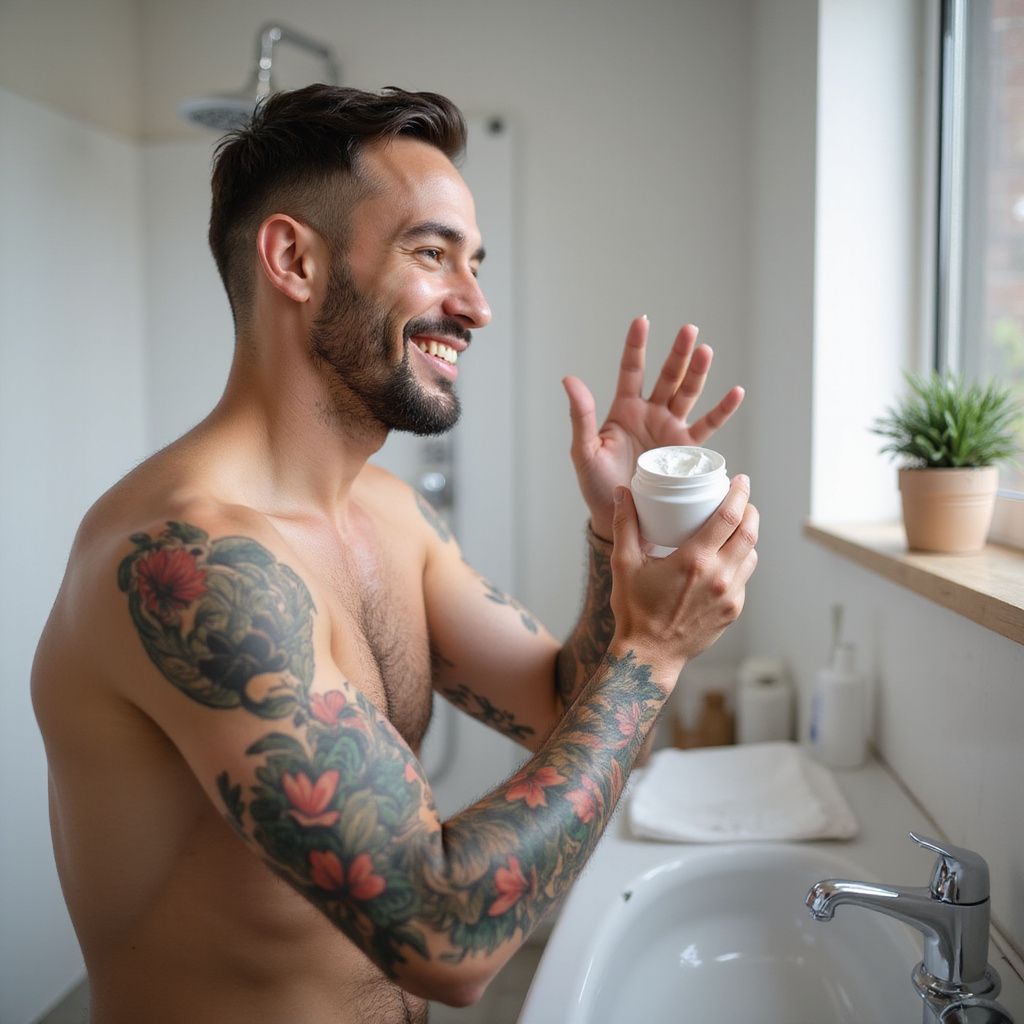 Man in bathroom with tattoos, smiling and holding a jar of cream near his face.