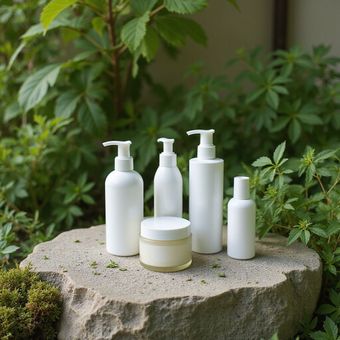White skincare bottles and a jar on a stone, surrounded by green foliage.