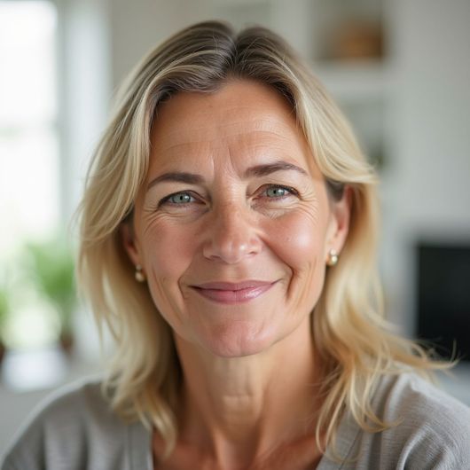Woman with blonde hair smiles at the camera, inside a well-lit room.