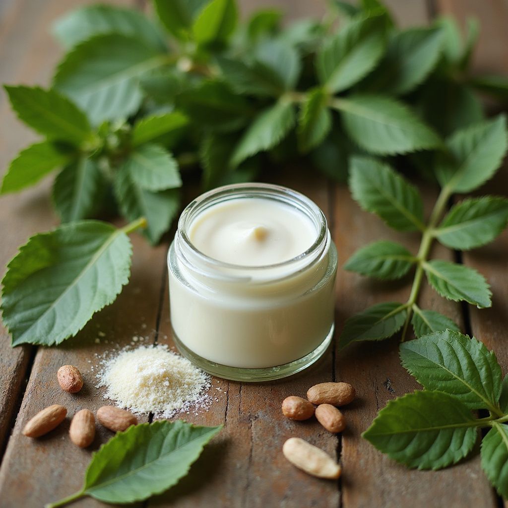 Jar of cream surrounded by green leaves, nuts, and a pile of white powder on a wooden surface.