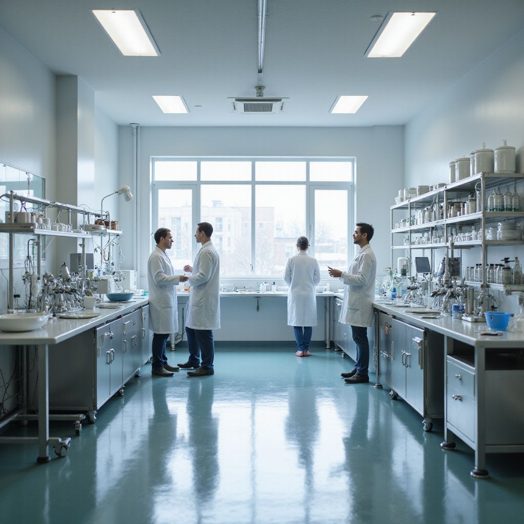 Laboratory with four people in white coats; stainless steel counters, shelves, and large windows.