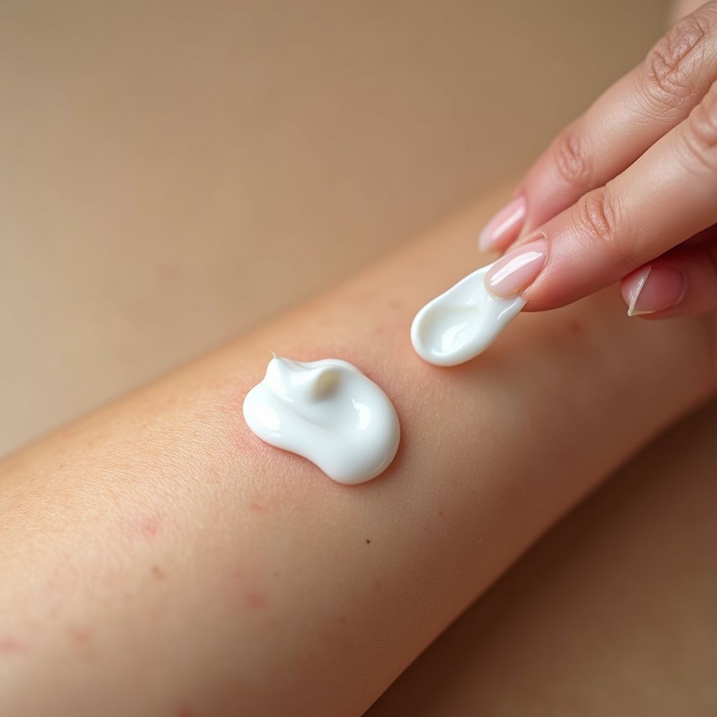 Hand applying white cream to skin on arm.