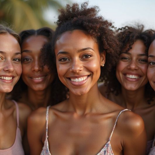 Five smiling women, outdoors. One in the center with curly hair, others with varying skin tones.