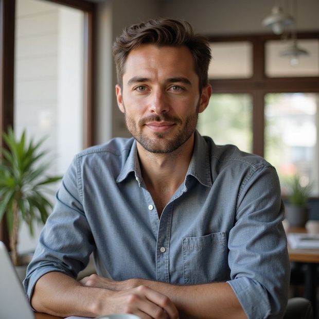 Man with dark hair and a light blue shirt smiles at the camera, indoors at a table.