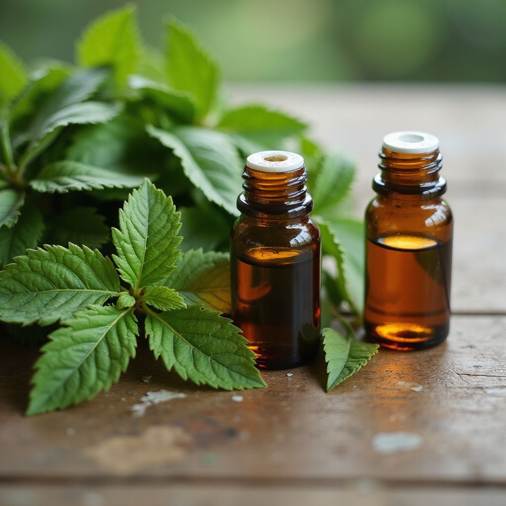 Two small brown glass bottles of essential oil sit next to fresh green leaves on a wooden surface.