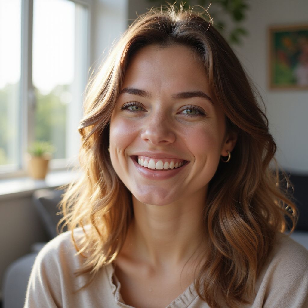 Woman with wavy brown hair smiles at the camera, indoors near a window.