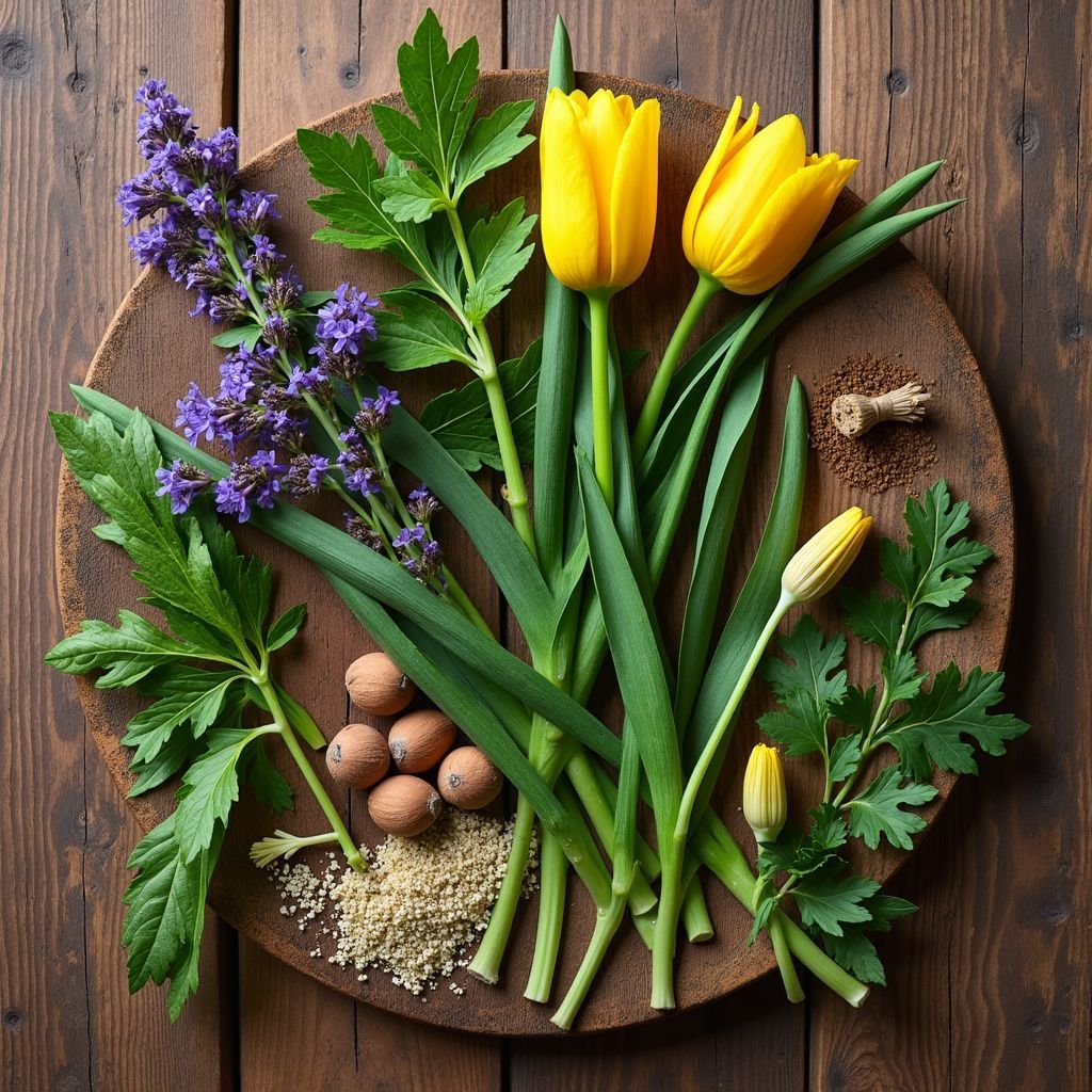 Wooden tray with yellow tulips, purple flowers, green herbs, and seeds.
