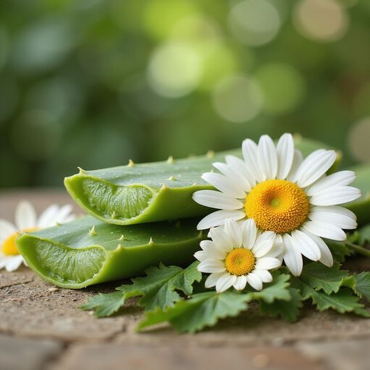 Aloe vera leaves, cut open, with chamomile flowers, on a wooden surface, green bokeh background.