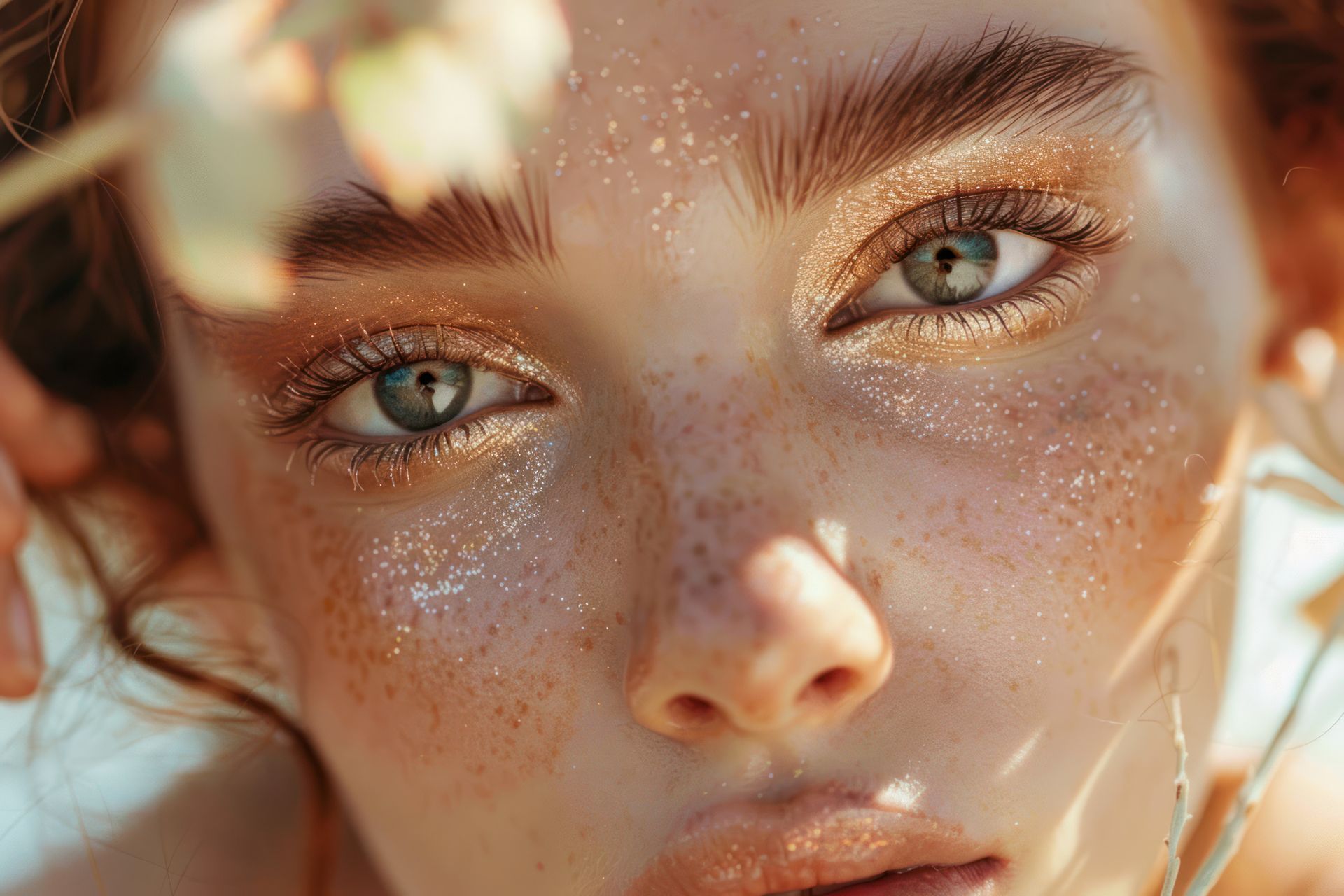 A close up of a woman 's face with green eyes and freckles.