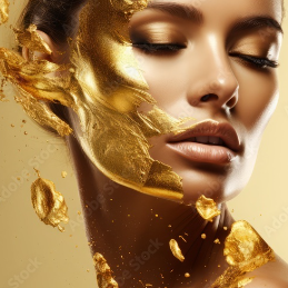 A close up of a woman 's face with gold glitter on it.