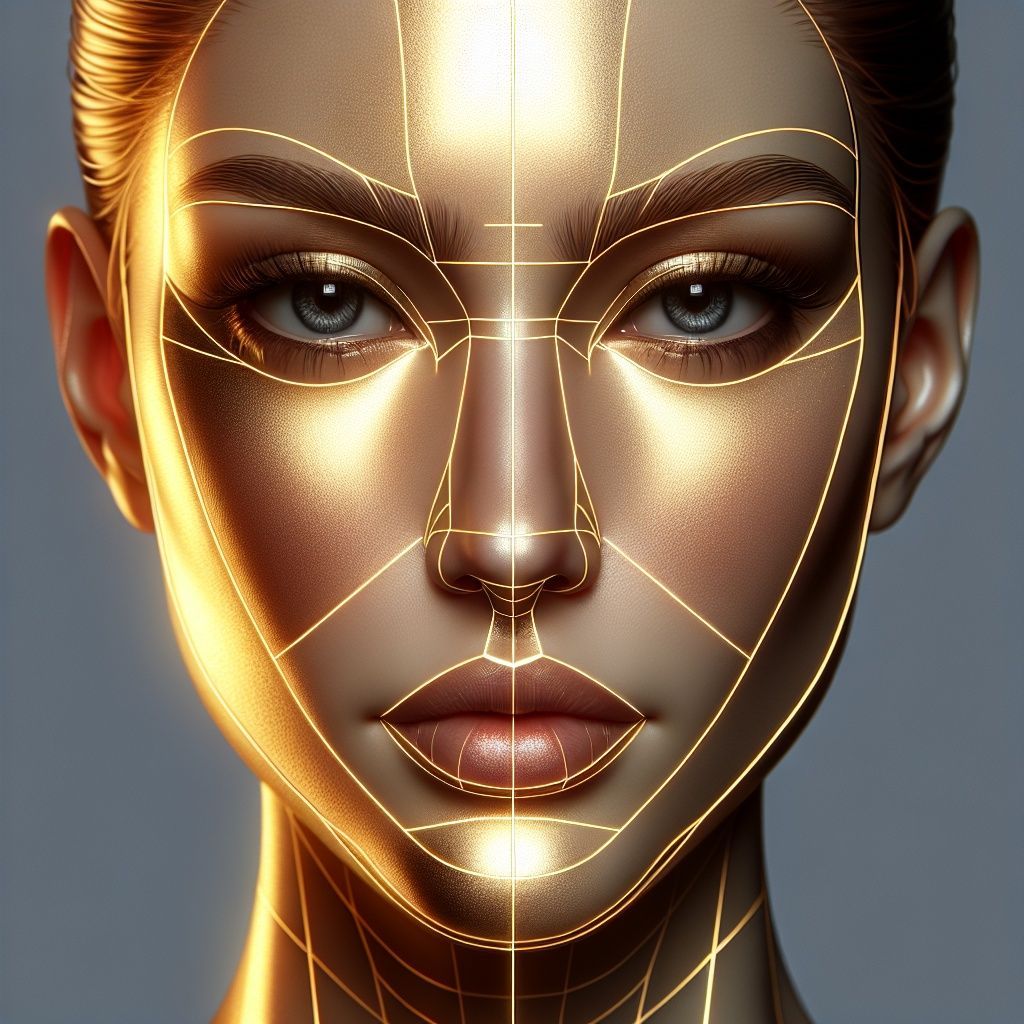 A close up of a woman 's face with gold lines on it